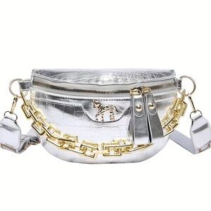 Silver Croc-Embossed Belt Bag Or Crossbody w/ Gold Chain Patent Faux Leather NWT